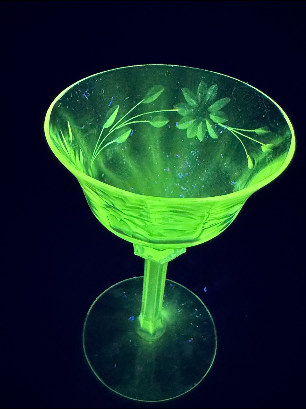 Vintage UV Manganese Glow Hand-Etched Glass Compote